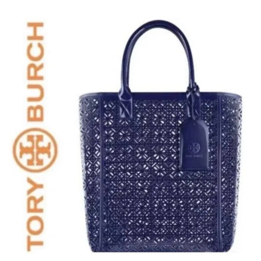 Tory Burch Blue Laser Cut Patent Tote Beach Casual Vegan